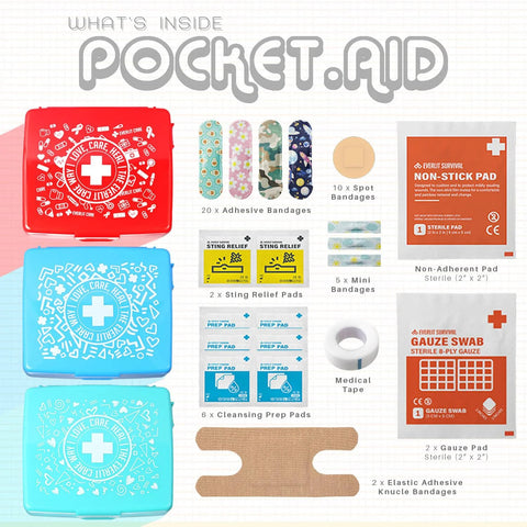EVERLIT Pocket-Aid Mini First Aid Kit in red, blue, and teal hard-shell tins; contains bandages, pads, gauze, and tape.