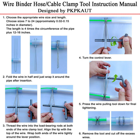Instruction manual for Heavy Duty Manual Wire Binder Hose Clamp For Diy Home Improvement, shows steps to use stainless steel clamper