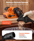 Workhorse Grade 3 By 21 Belt Sander With 7 Amp Motor and Six Variable Speeds, showing dust collection features and functionality.