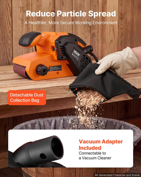 Workhorse Grade 3 By 21 Belt Sander With 7 Amp Motor and Six Variable Speeds, showing dust collection features and functionality.