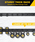 Wall Mount Garage Tool Organizer With 48 Inch Rails And 7 Adjustable Beefy Heavy Duty Hooks Garden Tool Organizer 10 Pack Carries 440 Lbs Heavy Duty Garage Storage Rack For Yard Shed Easy To Install; shown loaded with weights on a wall.
