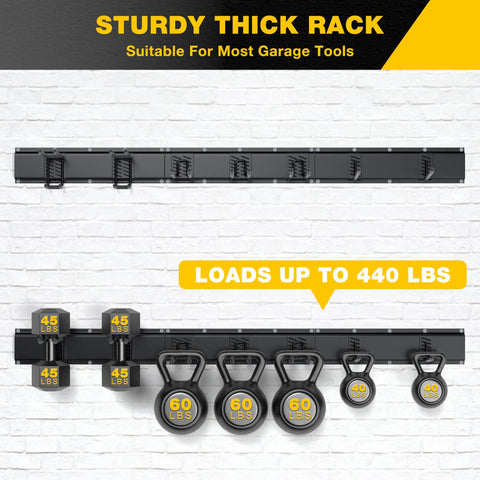 Wall Mount Garage Tool Organizer With 48 Inch Rails And 7 Adjustable Beefy Heavy Duty Hooks Garden Tool Organizer 10 Pack Carries 440 Lbs Heavy Duty Garage Storage Rack For Yard Shed Easy To Install; shown loaded with weights on a wall.