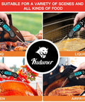 Image showing Instant Read Meat Thermometer With Folding Four Point Six Inch Stainless Steel Probe in use for BBQ, liquids, oven, airfryer.