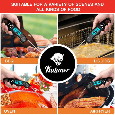 Image showing Instant Read Meat Thermometer With Folding Four Point Six Inch Stainless Steel Probe in use for BBQ, liquids, oven, airfryer.