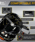 Interior view of a Tough Carbon Fiber ABS Safety Helmet showing six-point suspension, adjustable chin strap, and size info.