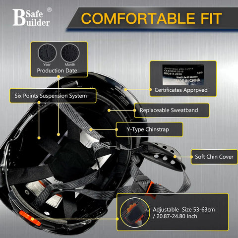 Interior view of a Tough Carbon Fiber ABS Safety Helmet showing six-point suspension, adjustable chin strap, and size info.