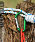 Badass 3 Inch Aluminum Carabiner Clips Packing Nifty Spring Snap Hooks And Slick Steel D Rings For Your Hella Durable Dog Leashes Camping Tents And Daily Loadouts 10 Piece Bundle on wooden log with rope.
