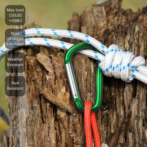 Badass 3 Inch Aluminum Carabiner Clips Packing Nifty Spring Snap Hooks And Slick Steel D Rings For Your Hella Durable Dog Leashes Camping Tents And Daily Loadouts 10 Piece Bundle on wooden log with rope.