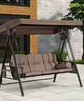 Deluxe 3 Seat Backyard Outdoor Patio Porch Swing With Weather Resistant Steel Frame, Adjustable Tilt Canopy, Cushions And Pillow Included, Cozy Beige Upholstery, Supports Up To 750 Lbs For Three People shown in cozy brown setting