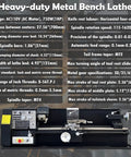 No Sweat Heavy Duty Metal Bench Lathe With Muscle Bound High Torque Motor And MT4 Spindle For Clean Precision Turning plus detailed specs.