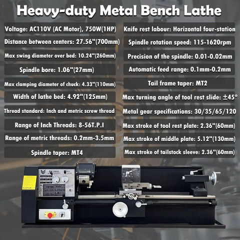 No Sweat Heavy Duty Metal Bench Lathe With Muscle Bound High Torque Motor And MT4 Spindle For Clean Precision Turning plus detailed specs.