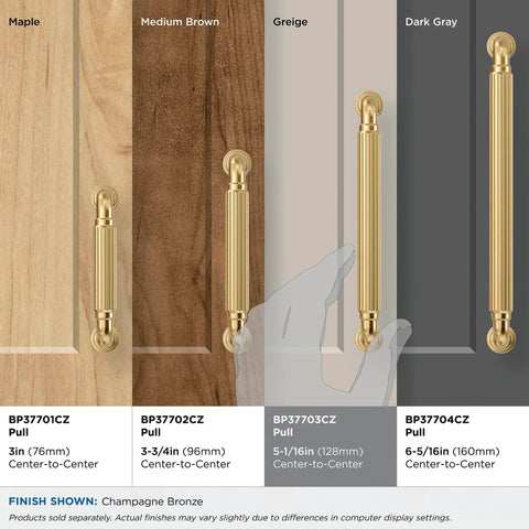 Cowrie Champagne Bronze Cabinet Pull Five And One Sixteenth Inch Center To Center Measurement For Cabinets And Drawers Transitional Style Five And Five Eighths Inch Overall Length Model BP37703CZ installed on greige surface