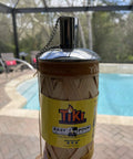 Polished Stainless Steel Table Top Tiki Torch Canister With Refillable Fuel Reservoir For Outdoor Use, compact near a pool