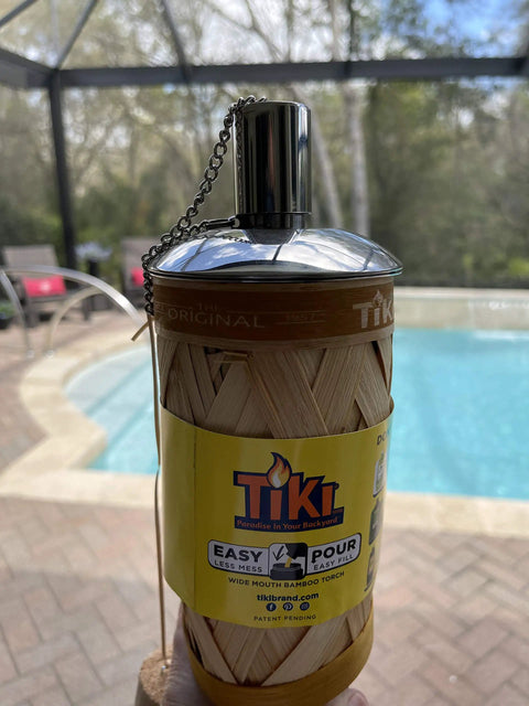 Polished Stainless Steel Table Top Tiki Torch Canister With Refillable Fuel Reservoir For Outdoor Use, compact near a pool