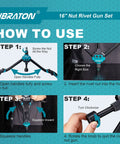 How to use the 16 Inch Rivet Nut Tool Set With Hand Rivet Nut Gun showing four steps in detailed images.