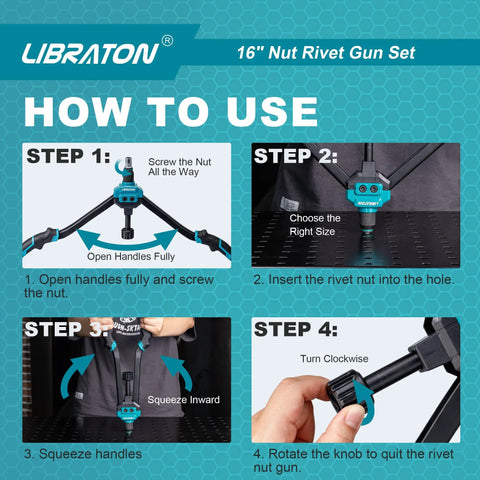 How to use the 16 Inch Rivet Nut Tool Set With Hand Rivet Nut Gun showing four steps in detailed images.