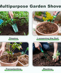 Go To Measuring Garden Trowel With Ergonomic Soft Grip Handle for Digging, Planting, Transplanting, Weeding. Multipurpose use shown.
