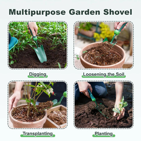 Go To Measuring Garden Trowel With Ergonomic Soft Grip Handle for Digging, Planting, Transplanting, Weeding. Multipurpose use shown.