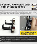 Hxszk 2-pack magnetic chuck key holder; black steel with Teflon coat, magnets, front view and installed on a drill press