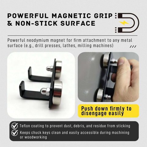 Hxszk 2-pack magnetic chuck key holder; black steel with Teflon coat, magnets, front view and installed on a drill press