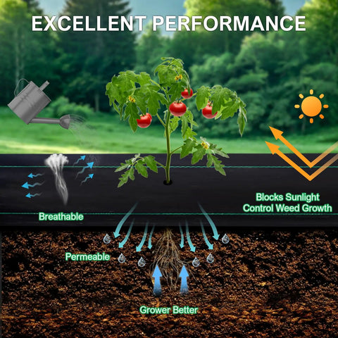 Diagram showing Heavy Duty Weed Barrier Landscape Fabric 6 Feet By 300 Feet Ground Cover Mat 3.2 Oz Permeable Woven Geotextile used in garden