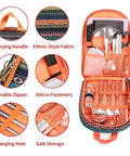 Ethnic style fabric bag displaying Grab And Go Ready Complete Camping Cooking Utensils Set for outdoor kitchens and grilling on the go.