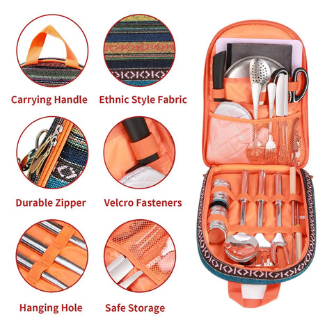 Ethnic style fabric bag displaying Grab And Go Ready Complete Camping Cooking Utensils Set for outdoor kitchens and grilling on the go.