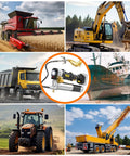 Cordless Grease Gun 12000 PSI with 2 in 1 Rotating Handle, 16.4 Inch Hose shown with various heavy machinery applications