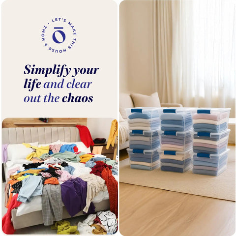 Heavy Duty Clear Plastic Storage Totes Set Of 16 31 Quart Stackable Bins with latching and locking lids for organizing linens and clothes