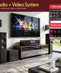 Home theater setup featuring a 4 Channel Bluetooth Home Amplifier With Front Loading CD And DVD Player And 3000W Peak Power For Party Ready Sound Mic Echo FM Radio Optical In USB RCA Composite Outputs LED Level Meter And Rack Mount PD3000BA.