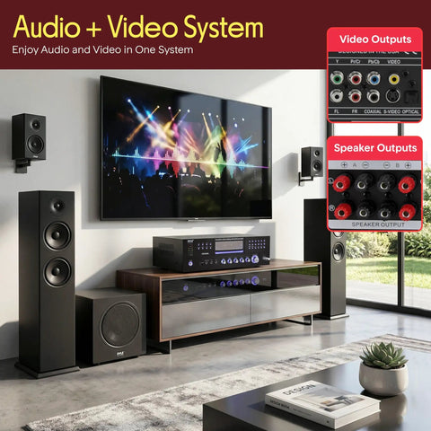 Home theater setup featuring a 4 Channel Bluetooth Home Amplifier With Front Loading CD And DVD Player And 3000W Peak Power For Party Ready Sound Mic Echo FM Radio Optical In USB RCA Composite Outputs LED Level Meter And Rack Mount PD3000BA.