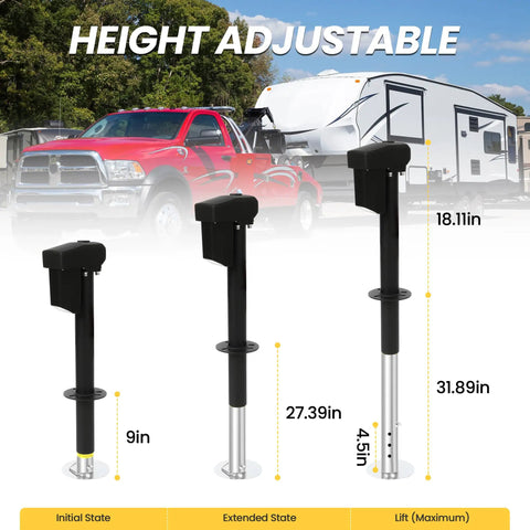 Beefy 12V Tongue Jack 4000 Lb A Frame Trailer Jack With 18 Inch Travel featuring adjustable height stages next to a trailer