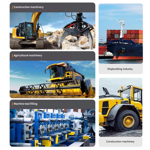 No Sweat Heavy Duty Grease Pump With 75 To 1 Pressure Ratio And 5 Gallon Wheeled Tank, showcasing various heavy machinery operations.