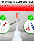 Guide on opening Heavy Duty Shoe Glue For Sole Repair And Waterproof Boot Adhesive with needle and scissors.