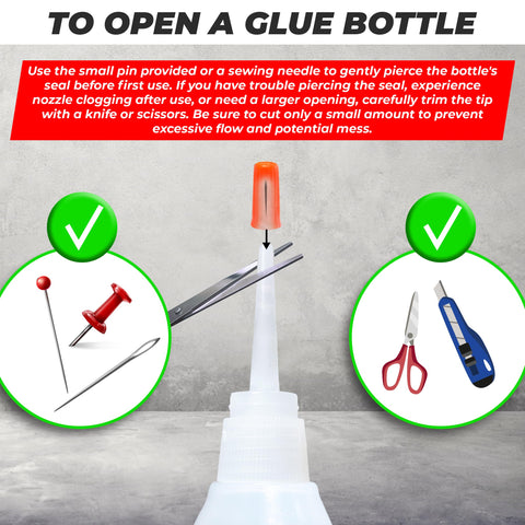 Guide on opening Heavy Duty Shoe Glue For Sole Repair And Waterproof Boot Adhesive with needle and scissors.
