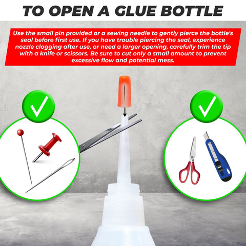 Instructions to open One Component Cyanoacrylate Silicone Glue 20g With A Precise Nozzle For Delicate Surfaces using pin or scissors.