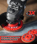 Heavy Duty Ceramic Flap Discs 40 Grit Type 27 4 1/2 X 7/8 Inch Arbor 5 Pack attached to a handheld grinder for metalwork.