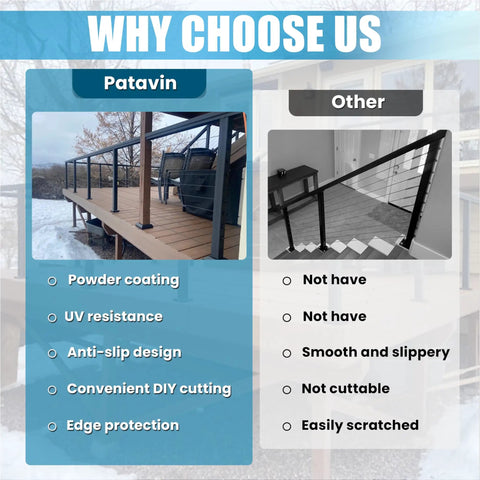 Comparison of 36 Inch Cable Railing Post Kit Surface Mount Black Heavy Duty Post Set With Pre Drilled Holes For Easy Install Invisible Cable Railing System Includes One Eighth Inch Stainless Steel Cable Three Pack Posts With Cable Grommets No Handrail and alternative option with features listed