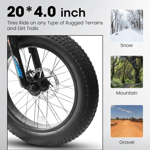 Fat Tire Mountain Bike For Kids 20x4 Inch With Dual Disc Brakes Suspension Fork 7 Speed All Terrain MTB Tire on varied terrains