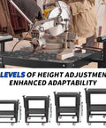 Straight Up Workhorse 550 Lb Power Tool Table With Smooth Rollin Wheels And Adjustable Height Legs For Planers And Miter Saws Plus Double Shelf Storage That Keeps The Job Site Neat And Handles Daily Grind, showcasing height adjustment with miter saw.