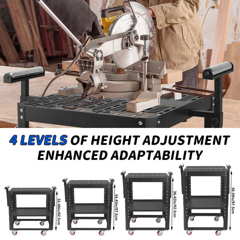 Straight Up Workhorse 550 Lb Power Tool Table With Smooth Rollin Wheels And Adjustable Height Legs For Planers And Miter Saws Plus Double Shelf Storage That Keeps The Job Site Neat And Handles Daily Grind, showcasing height adjustment with miter saw.
