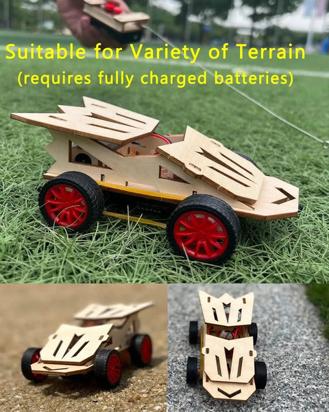 Rockin Build It Solar Car and Remote Control Kit for Kids Aged 8-12 displayed on grass, showing wooden material and red wheels.