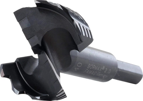 Pro Level German Steel Forstner Bit Set Includes Seven Workhorse Grade Drill Bits showing a single bit with sharp edges for clean holes.