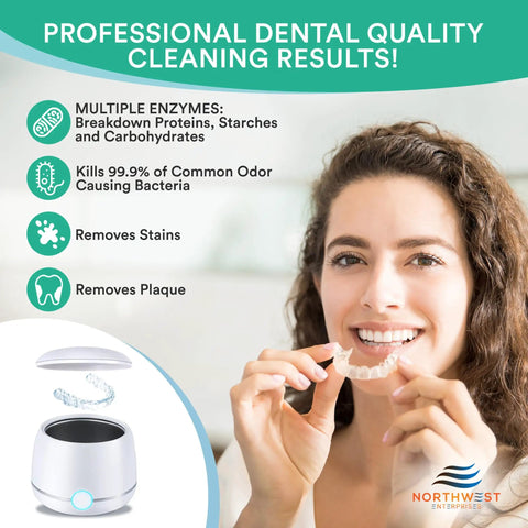 Mint Ultrasonic Retainer Cleaner Solution Concentrate for Ultrasonic Machines shown with dental quality cleaning results.