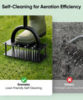 Manual Lawn Aerator With 16 Sharp Spikes For Deep Soil Penetration In A 4 By 4 Grid showing lawn-friendly self-cleaning feature.
