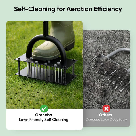 Manual Lawn Aerator With 16 Sharp Spikes For Deep Soil Penetration In A 4 By 4 Grid showing lawn-friendly self-cleaning feature.