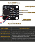 Five Pack PWM Vibration Motor Switch Module For Three Point Three Volt To Five Volt DC Systems 9000 RPM With Strong Vibration Feedback And Low Power Draw Plus Integrated MOS Amplification. PCB module with MOSFET driver, pin labels, and vibration motor for Arduino use