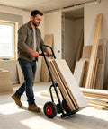 Man moving plywood on Heavy Duty Steel Hand Truck With Wheels Folding Utility Cart For Moving Furniture And Appliances Boxes And Warehouse Or Office Use Portable Dolly For Easy Transport And Back Saving Load Handling Workhorse