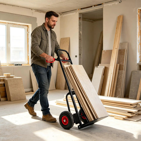 Man moving plywood on Heavy Duty Steel Hand Truck With Wheels Folding Utility Cart For Moving Furniture And Appliances Boxes And Warehouse Or Office Use Portable Dolly For Easy Transport And Back Saving Load Handling Workhorse