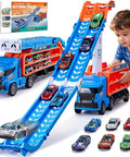 Child playing with Race Track Truck Toy Set For Kids Aged 3 To 6 Years Old Four In One Carrier Truck With Dual Foldable Race Tracks and Cars